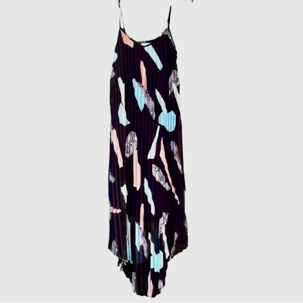 Bar III Dress. Sleeveless Black Chiffon With A Pastel Pink & Blue Pattern. Small